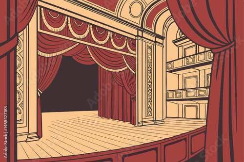 16 intricate theater stage, red velvet curtains, ornate curtain frame, wooden stage floor, dramatic lighting, high quality, detailed, realistic