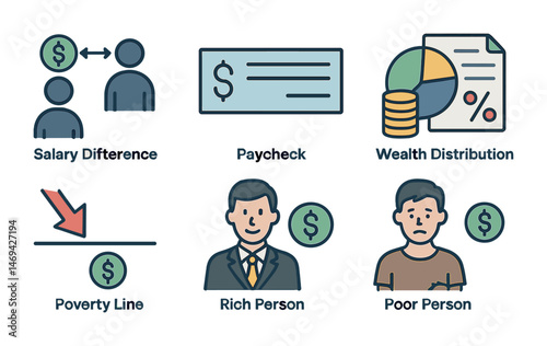 Economic and finance flat icons set – poverty, wealth, salary difference symbols