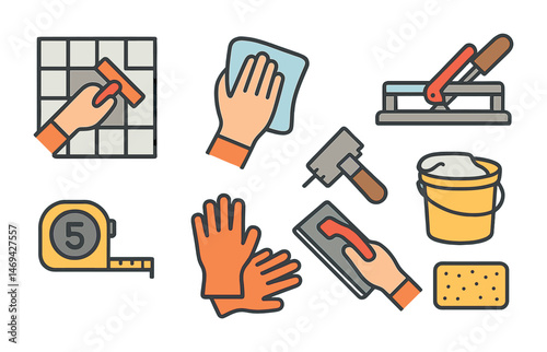 Construction and renovation icons set – flat, filled, building and tool symbols