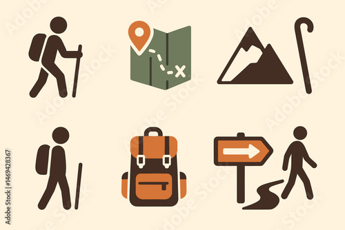 Hiking and outdoor flat icons set – solid, adventure, trekking symbols