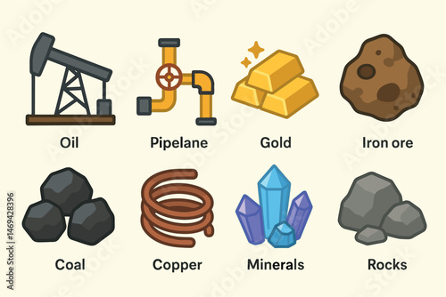 Natural resources icons set: outline, flat, mining and extraction symbols