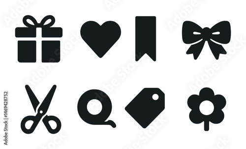 Gift and craft solid icons set – silhouette, packaging, decoration symbols