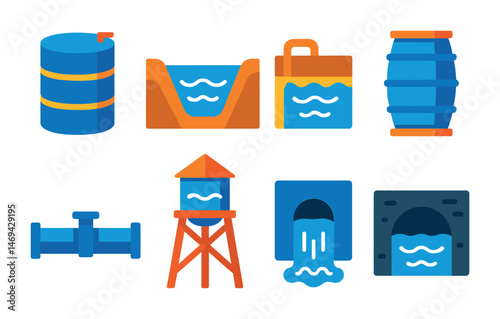 Water and utilities flat icons set – filled, infrastructure, resource management symbols
