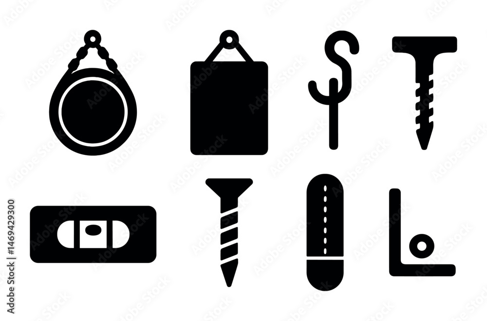 Fototapeta premium Construction and hardware solid icons set – silhouette, tools, building symbols