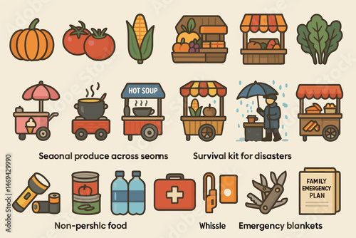 Farmers market flat icons set – seasonal produce, fresh vegetables, organic food symbols