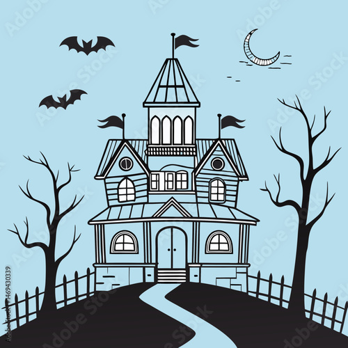 Haunted Halloween house line art silhouette vector