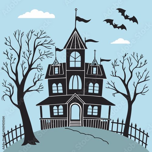 Haunted Halloween house line art silhouette vector