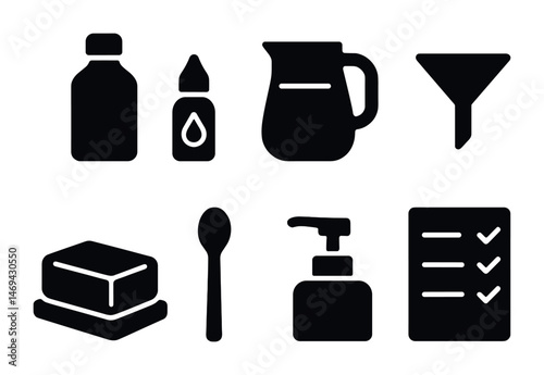 Household items silhouette icons set – solid, filled, everyday essentials symbols