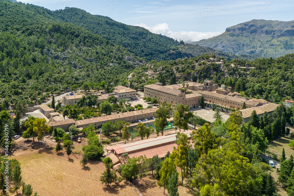 Aerial view of the Santuari de Lluc in Mallorca, Balearic Islands, Spain.