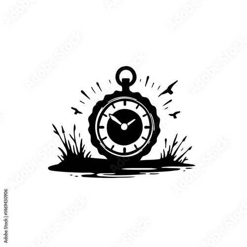 Monochrome depiction of a time instrument within natural surroundings, stylized
