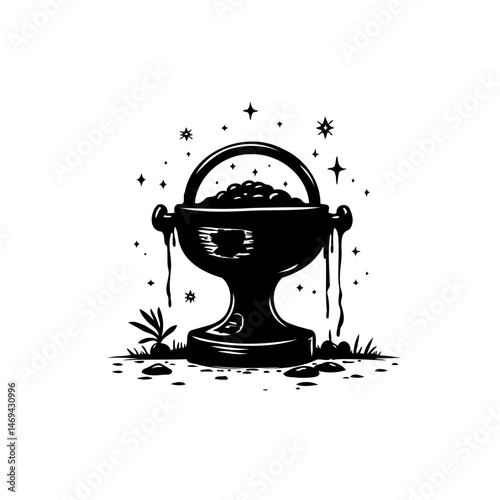 Mystical Brew: Monochrome cauldron illustration bubbling with magical essence and charm