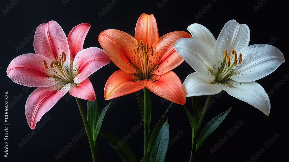 Fototapeta premium Three vibrant lilies in varying shades against a dark background.