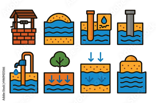 Water resources icons set – flat, outline, groundwater and irrigation graphics