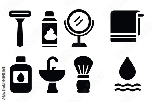 Bathroom and grooming solid icons set – hygiene, personal care, toiletries symbols