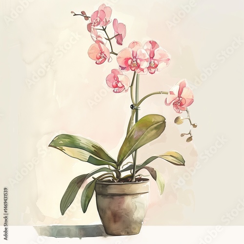 Watercolor illustration of Phalaenopsis orchid in a pot on light background with soft, natural tones.