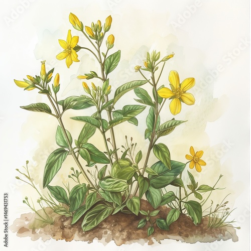 Watercolor illustration of St. John's Wort growing on the ground with soft, natural tones