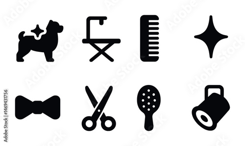 Pet grooming solid icons set – silhouette, filled, animal care symbols