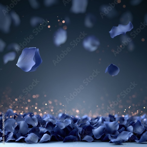 A bed of navy blue rose petals along with falling petals and bokeh background