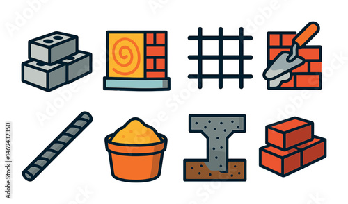 Construction tools and materials icons set – flat, outline, building symbols