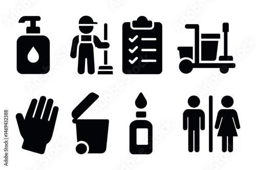 Cleaning and sanitation solid icons set – flat, filled, hygiene and janitorial symbols