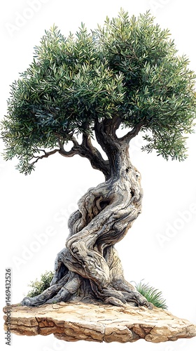 Mature olive tree with intricate, gnarled trunk on a rocky base.