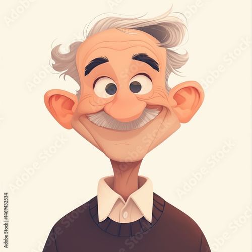 Cartoon portrait of friendly elderly man with warm expression.