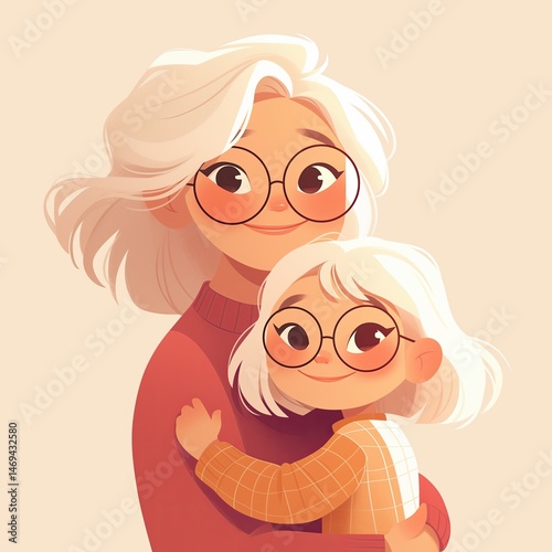 Cartoon portrait of Asian mother hugging daughter