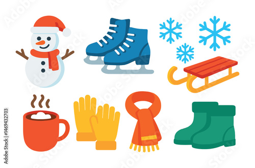 Winter activities flat icons set – warm, festive, holiday season symbols