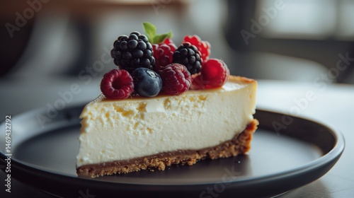 Cheesecake on dark plate with fresh berries.