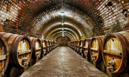 Old Wine cellar interior with barrels of wive sets in rows 