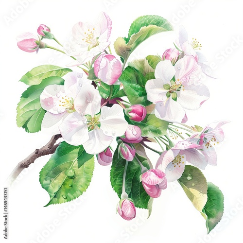 Watercolor illustration of a blooming apple tree.