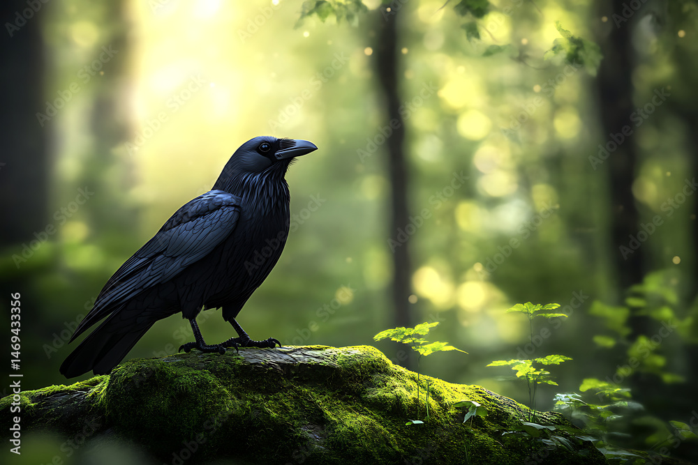 Fototapeta premium A majestic raven perched on a moss-covered log in a sunlit forest, surrounded by greenery