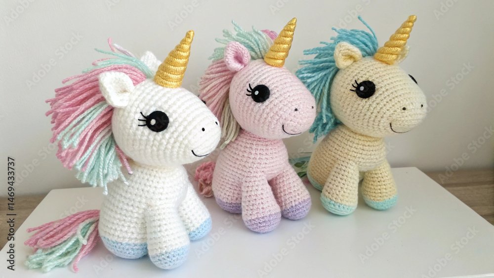Fototapeta premium Adorable Crochet Unicorn Plushies – Soft Toys Kids Adore