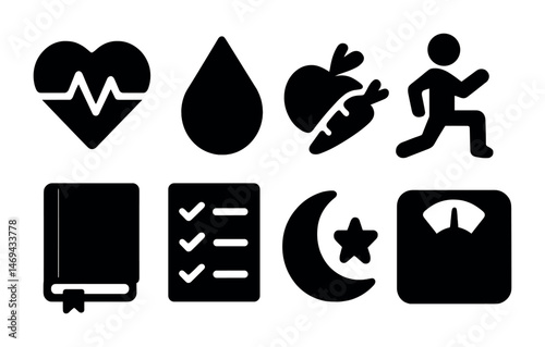 Health and wellness solid icons set – fitness, nutrition, lifestyle symbols