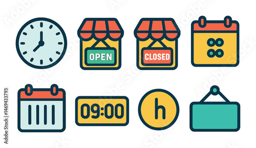 Time and schedule icons set – flat, filled, clock and calendar symbols