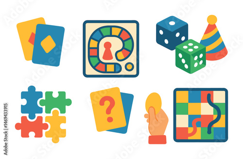 Board game flat icons set – playful, fun, interactive gaming symbols
