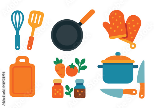 Cooking tools flat icons set – kitchen, food prep, culinary essentials symbols