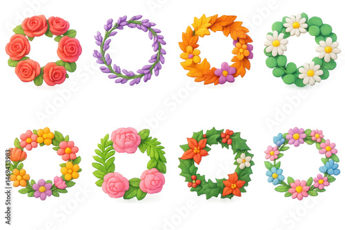 Colorful 3d floral wreaths set – roses, daisies, leaves, poinsettias, petals. 3D icon set