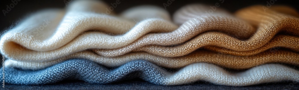 Fototapeta premium A close up of a pile of knits on a table woven cashmere smooth satin