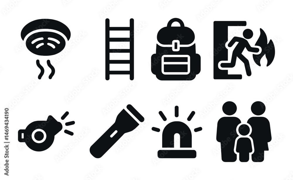Safety and emergency silhouette icons set – outline, solid, hazard prevention symbols Safety and emergency silhouette icons set – outline, solid, hazard prevention symbols