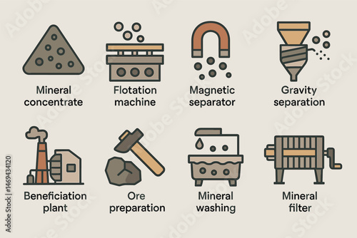 Mining and industry outline icons set – flat, linear, extraction and processing symbols