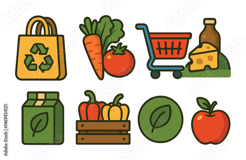 Eco-friendly shopping icons set – flat, sustainable, green consumer symbols