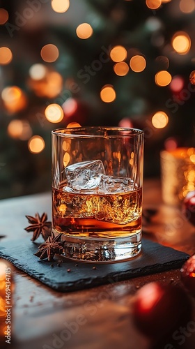 Festive drink of amber liquor with ice and spices.
