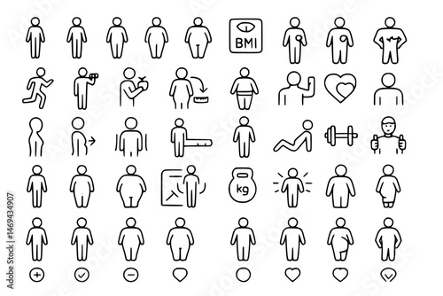 People body different weights line icon set. Vector pictograms of figure, scale, overweight, underweight, pregnant, BMI, health, thin linear illustration. 