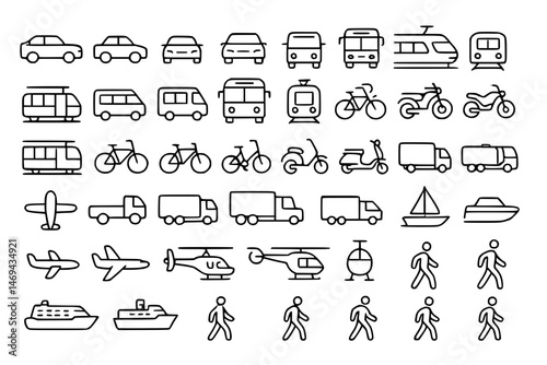 Transportation, vehicle icon set. Vector glyph pictograms of travel, logistics, public transit concepts, car, train, bus, bicycle, boat, and airplane black silhouette illustration.