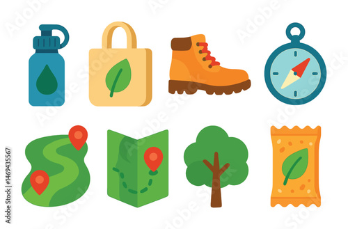 Outdoor adventure icons set – flat, filled, hiking and nature exploration symbols