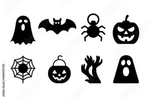 Halloween vector icons spooky ghost bat and pumpkin
