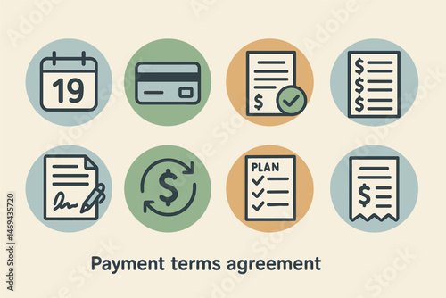 Payment agreement outline icons set – linear, financial, contract symbols