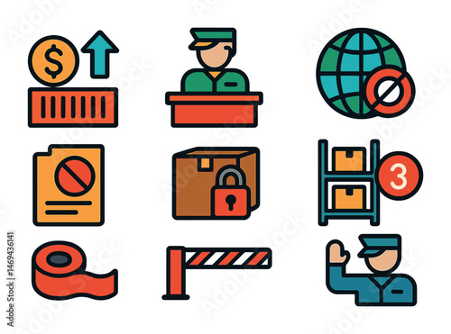 Customs and security flat icons set – solid, border and protection symbols