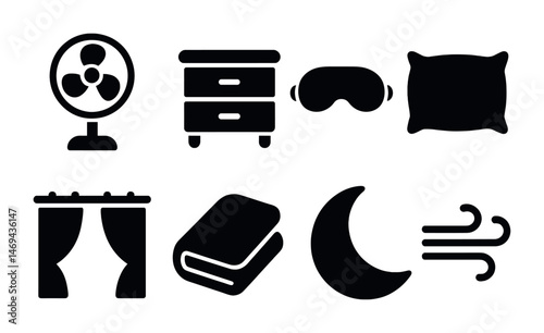 Bedroom and sleep solid icons set – filled, nighttime, relaxation symbols